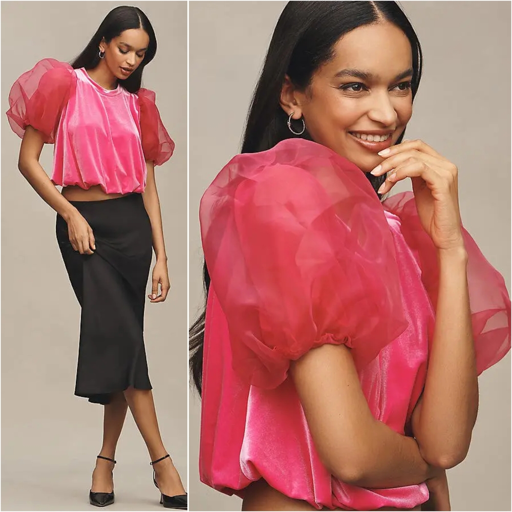Anthropologie Pink Velvet Puff Sleeve Top